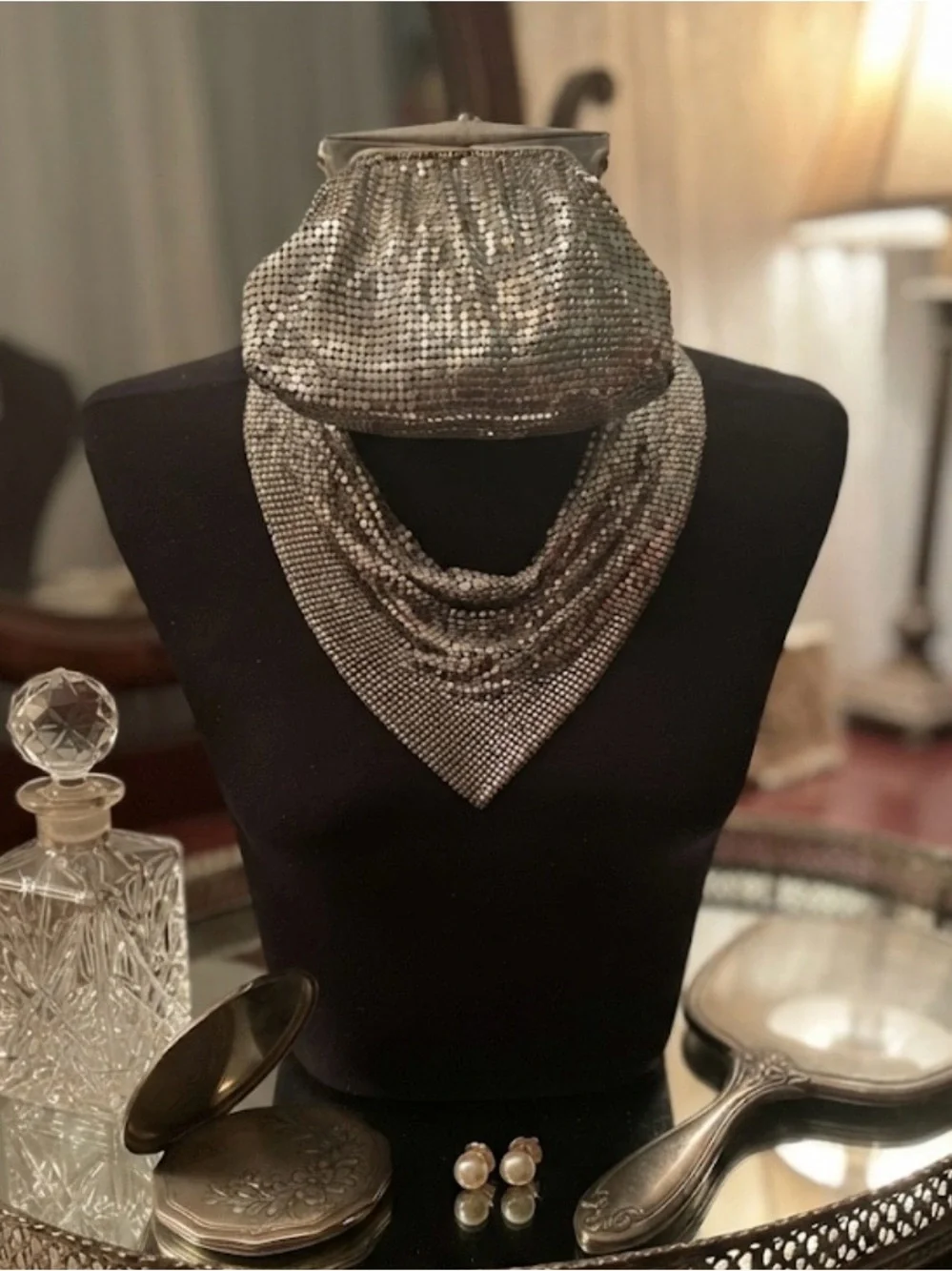Stunning!! Silver Mesh Evening Scarf Necklace & evening pouch